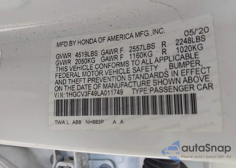 2020 Honda Accord Hybrid Ex из США, поврежденный, VIN 1HGCV3F49LA011749